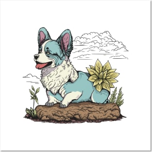 Inu Corgi Beautiful Puppy Dog in Summer and Flower Posters and Art